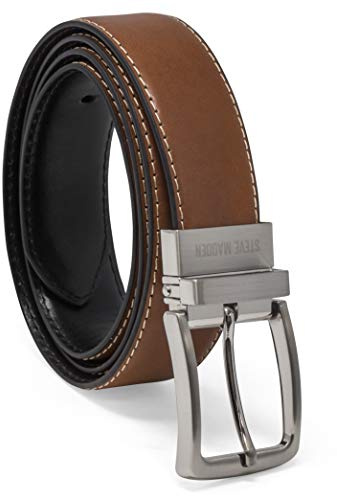 Steve Madden Reversible Men's Dress Casual Every Day Leather Belt, Cognac/Black (Feather Edge), 44