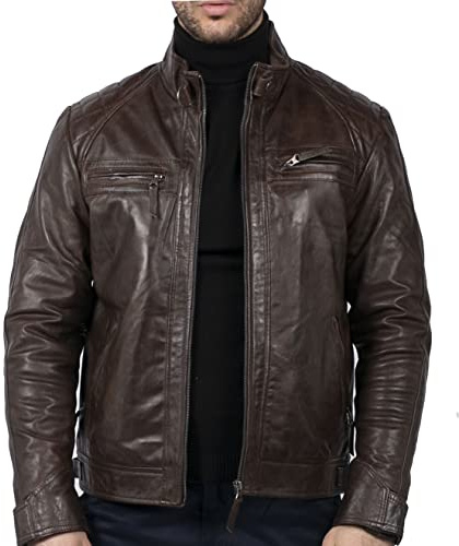 TruClothing.com Chaqueta de motociclista para hombre, resistente al viento, para invierno, chaqueta de piel auténtica, estilo retro, marrón, XXXXXXL