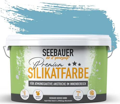 SEEBAUER diy Silikatfarbe Dunkelblau 2,5L für Innen (No. 813 Blue Ridge) Atmungsaktive Mineralfarbe für Allergiker - Abwaschbare Wandfarbe - Blautöne hohe Deckkraft