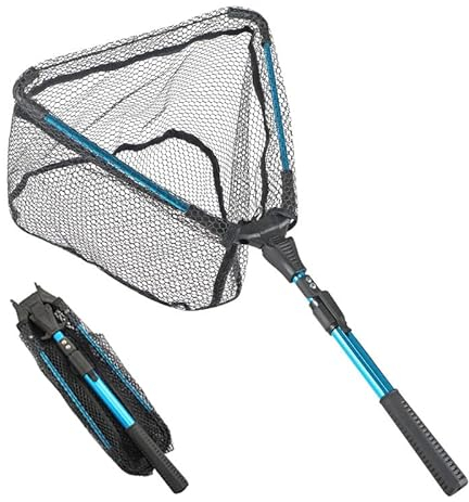 Roysmart Red de pesca con mango telescópico, plegable, red de pesca telescópica, red de pesca telescópica para kayak, salmón, pez gato, bajo, fácil de atrapar y liberar