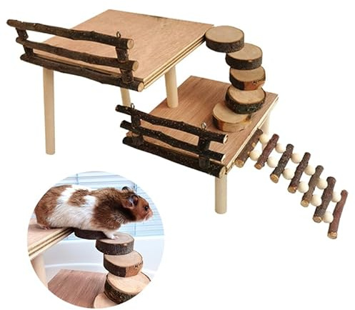 RunFar shop Hamster Kletterspielzeug aus Holz, zweistöckig Spielplatz, Aktivitätsplattform mit Brücke Apfelholz, Kauspielzeug für kleine Haustiere