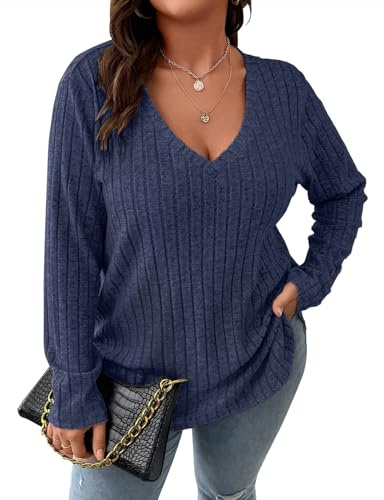 Gemulate Ladies Lightweight V Neck Knit Jumpers Long Sleeve Autumn Top for Women Casual Loose Fit Sweater Plus Size Sweatshirts Female Deep Blue X-Large