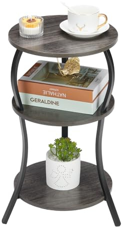 Vintage Small Round Side Table,3-Tier Slim Waist End Table for Small Spaces | Circular Table with Storage Shelf,Compact Tea Sofa Table Corner Table Nightstand for Living Room Bedroom,Grey