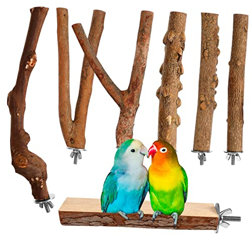 CIYODO 7 Stück Papageienstangen Natürlicher Holzast Mit Zusätzlicher Plattform Vogelkäfig Zubehör Für Kleine Vögel Wie Sittiche Und Nymphensittiche