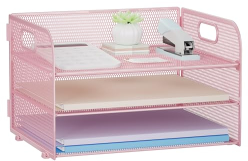 Restorgan 3 Tier Paper Organiser with Handle, Mesh Desk Organiser Letter Tray, Paper Tray Organizer for A4 File Folder, Pink