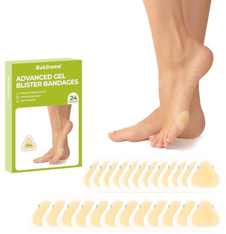 Gel Blister Hydrocolloid Bandage Pads- Bukihome 24 Count Blister Cushions for Foot, Toe, Heel - Water Resistant Bandages, Blister Pads for Prevention & Recovery (Triangle Pack)