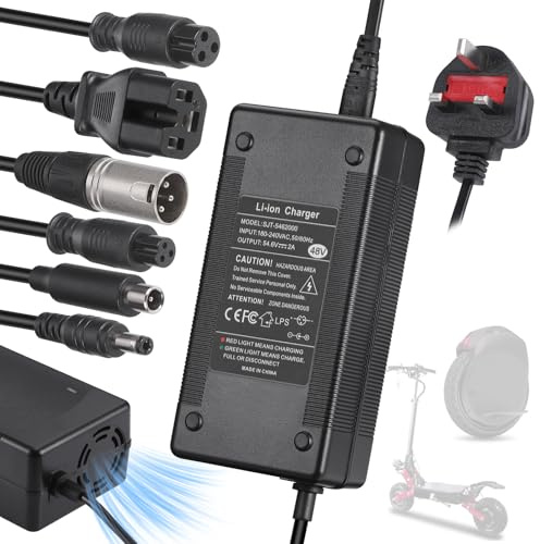 JIZZU 54.6V 2A Electric Scooter Charger for 48V Li-ion Battery, 6 Connector | Mobility Scooter Chargers with Ventilation, Hoverboard Adapter, E-Bike Fast Charger for Balance, Drifting Board, Unicycle