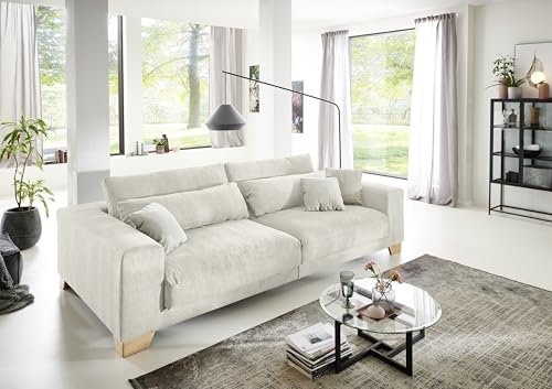 möbelando Big-Sofa >Phebe< in Creme, mit Nosagunterfederung, Polyätherschaum und Daune, inkl. 2 Rückenkissen und 5 Zierkissen (Davon 2 Nierenkissen), 286 x 90 x 141 cm (BxHxT)