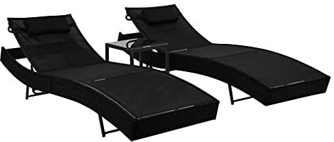 ShGaxin Sonnenliegen 2 STK. mit Tisch Poly Rattan und Textilene Schwarz, Gartenliege, Liegestuhl, Sonnenstuhl, Sonneninsel Outdoor, Liegen, Gartenmöbel, Bäderliege, Relaxliege - 44893