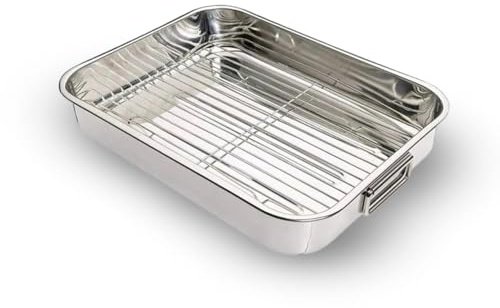 KMF SUPPLIES Pack of 1 Stainless Steel Roaster Tin with Handles- Removeable Grill, Roasting Tray for Baking, Cooking & Grilling, Roasting Dish Easy to Clean (Large)