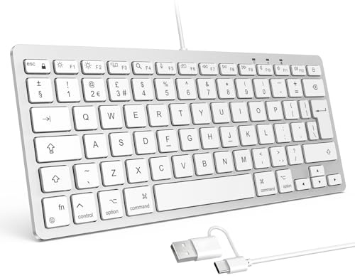 OMOTON Wired Keyboard for Mac, USB-C & USB-A, QWERTY UK Layout, Silver | Dual Interface, Comfortable Typing, Plug & Play, Compatible with Apple MacBook Neo/Pro/Air, iMac, Mac mini/Pro, Office & Home