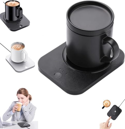 Self heating coffee mug，Smart Heated Mug Kit with Wireless Charger,Portable Self Heating Coffee Mug with Lid，Electric Coffee Warmer with Mug Set，Mug Warmer Wireless，for Desk Heated Coffee(Black)