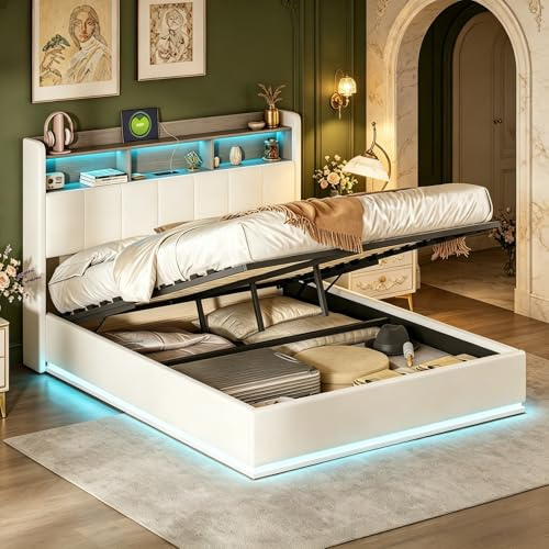 JiaOyu Polsterbett 160x200 - Stauraumbett mit LED, USB-Funktion & Lattenrost, Modernes Doppelbett aus Holz und Flanell mit Rückenlehne, Komfortables Jugendbett, ohne Matratze (160x200cm)