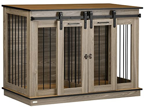 PawHut Hundekäfig Hundebox 2-Raum-Option 2 Türen 120 x 60 x 88,5 cm Eiche | Hundehütte, Haustierkäfig, Hundehaus für Mittelgroße Hunde
