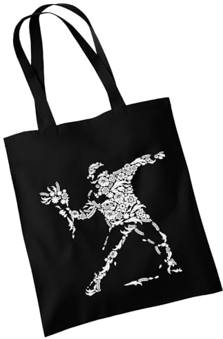 OM3 Baumwolltasche mit Spruch - Banksy Flower Thrower - Blumenwerfer - Statement - Baumwollbeutel - Tasche - Lange Henkel