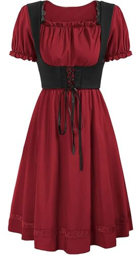 YOSUWOAI Robe médiévale pour femme - Robe midi victorienne - Robe gothique Renaissance - Manches courtes - Vintage - Robe de loisirs - Tenue de fête de la bière - Cosplay - Robe Dirndl - Costume