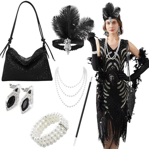 GOTRUST 20er Jahre Accessoires Damen, 6pcs Schwarz Great Gatsby Zubehör Set, Flapper Handtasche, 1920er Charleston Kostüm Kit für Karneval Abschlussball Halloween Neujahr