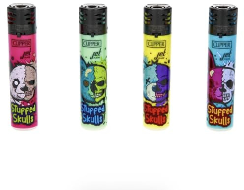 Lot 4 briquets Clipper Jet Rechargeable Chalumeau tempête électronique - Jet Flame Stuffed Skulls Peluche + 1 Cadeau RLBSL Offert ! FR