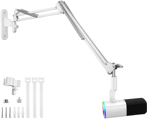 White Mic Wall Mount Holder,Microphone Boom Arm Wall Stand compatible with Shure Rode Logitech Blue Yeti,Razer,HyperX Mic for Broadcasting, Podcasts,Streaming and Gaming