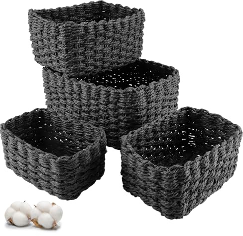 Zosenyer Aufbewahrungskorb Geflochten, 4er Stapelbarer Badezimmer Körbe Aufbewahrung, Storage Basket für Wohnzimmer Küchen Kinderzimmer Bad, Geeignet Als Windel Organizer und Besteckkorb (Schwarz)