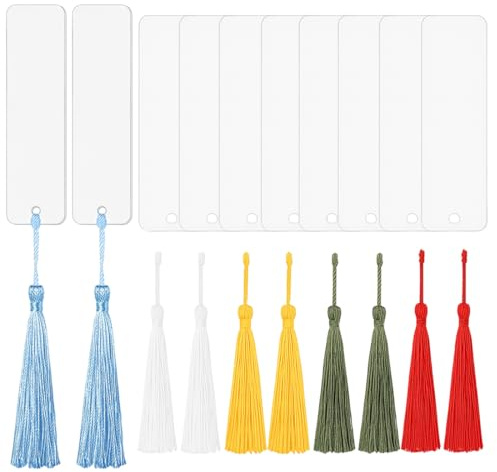 LACHT Acryl Lesezeichen Rohlinge, 10 Set Blanko Bookmark, Lesezeichen Personalisiert, 10 Transparent Rechteckig Lesezeichen 10 Bunten Quaste (Zufällige Farbe) für DIY Geschenkanhänger
