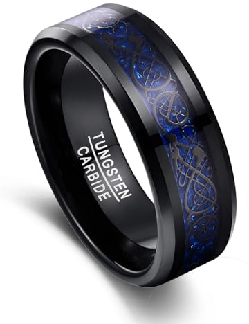 VAKKI Herrenring 8mm Schwarz Wolfram Ring Keltische Drachen-Eheringe mit Opalpapier/Kohlefaser für Männer Größe 49.3(15.7)-74.8(23.8)