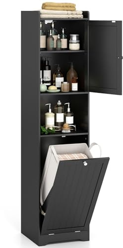 COSTWAY Bad Hochschrank mit Wäschekorb, Badezimmerschrank mit verstellbarem Regal & offenem Fach, Badschrank Holz, inkl. 48L herausnehmbarer Wäschesack, 40 x 40 x 170cm (Schwarz)