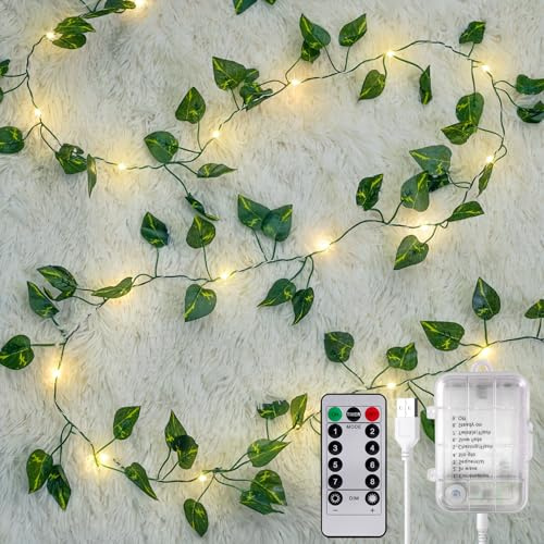 LED Efeutute Lichterkette Außen Batterie und USB, 12M 120 LED Efeugirlande Lichterkette Innen mit Blumengirlande Hängend Pflanzen mit Fernbedienung, Lichterkette Batteriebetriebene für Hochzeit Balkon