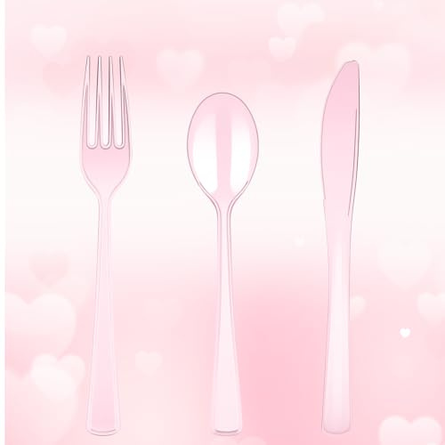 150 Pack Clear Pink Disposable Plastic Silverware Heavy Duty, Plastic Cutlery Set, Forks and Spoons Knives Set for Valentine's Day Birthday Party Prom Night, Weddings