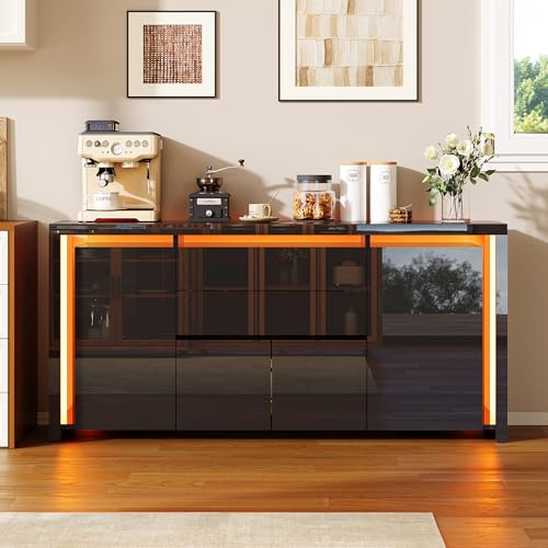 YGHQAP - Commode Noire Brillante, Buffet, 160 cm de Large, avec éclairage LED, 4 Portes et 2 tiroirs, Armoire de Cuisine, Buffet, Meuble TV, pour Cuisine, Salle à Manger, Salon