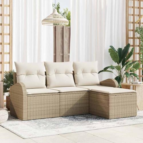 Kaloriko Poly-Rattan Sofa Set 4-teilig, Beige und Weiß, modular, UV-beständig, für Garten, Terrasse und Balkon, wetterfest
