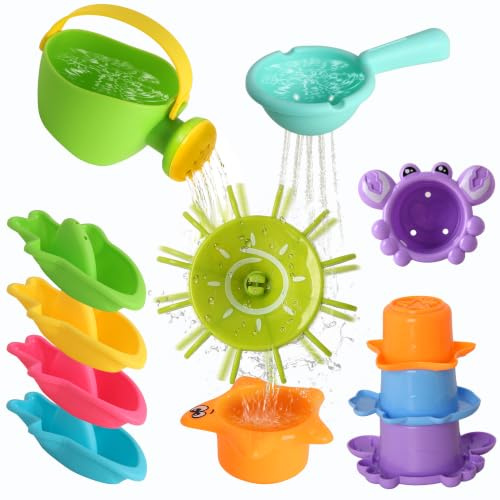 Juvuno Baby Bath Toys, 10PCS Toddler Bath Toys for 1 2 3 4 5 Year Olds | Mould Free Floating Boats & Spoon & Watering Can & Cups and Water Wheel Bath Toys | Colorful Swimming Pool Toys for Toddlers