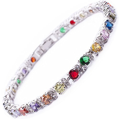 RIZILIA Eternity 18K Weißgold vergoldet Mehrfarbig CZ Tennisarmband Damen | Stapelbares Weißgold Tennisarmband Damen, 6.25 CT 4mm Bunte Zirkonia, 16.5/18/19 cm, hypoallergen Geschenkbox