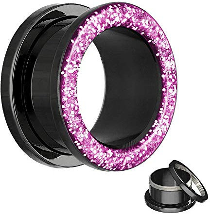Treuheld® | Schwarzer Flesh Tunnel mit pinkem Glitter/Glitzer in rosa - 17 Größen: 2-30mm - schraubbar mit Schutzschicht - Piercing Ohr Tunnel aus Chirurgenstahl 316L (nickelfreier Edelstahl) pink