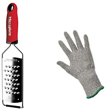 Microplane Gourmet Reibe Fein, Sehr Grob, Sternenklinge Raspel + Prymo Schutzhandschuh - Größe Sehr Grobe Reibe, Farbe Rot