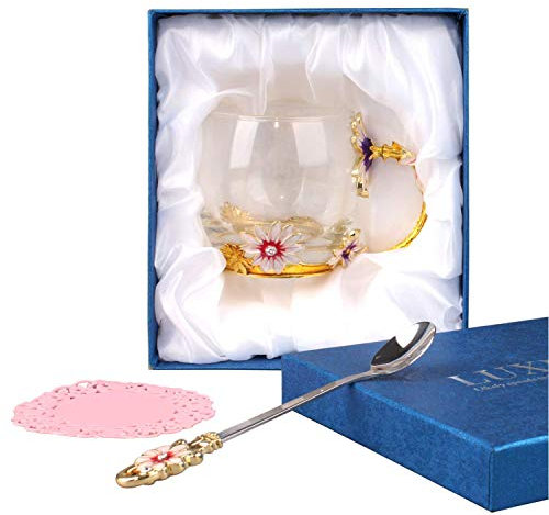 YBK Tech Kreative Blume Glastasse Kristallglas Teetasse mit Griff für heiße Getränke, Eistee, nackten Saft – Chrysantheme (klein (320 ml) mit Geschenk-Box)