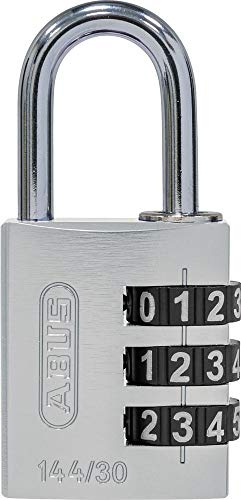ABUS Aluminium-Zahlenschloss 144/30 Silber mit großen Zahlen, 80798 | Massiver Aluminiumkörper mit Kunststoffwalzen, individuell einstellbarer 3-stelliger Code, gefederter Bügel