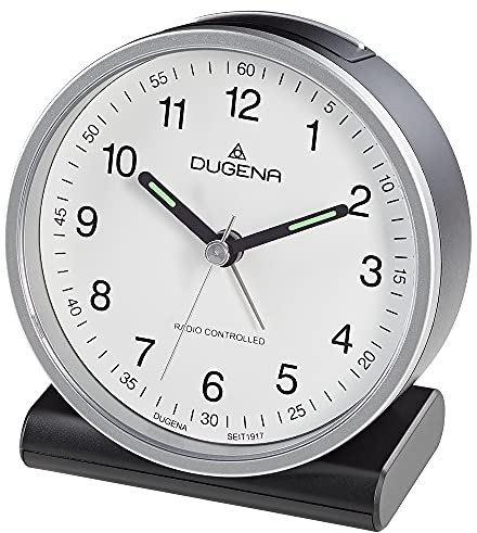 Dugena Funkwecker ohne Ticken, Leuchtzeigern und Snooze 4460943, Schwarz/Silber/Weiß, 108 x 108 x 55 mm