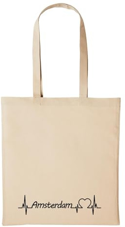 Huuraa Jutebeutel Amsterdam Herzschlag Puls 10 Liter Natural | Geschenk Tasche Baumwolle 38 x 42 cm Tragetasche mit langem Henkel Geschenkidee Einkaufstasche