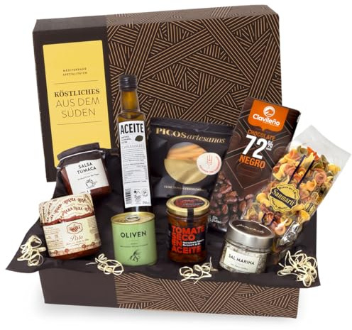 Köstliches aus dem Süden, vegetarisches Geschenkset von GESCHENKVOLL | Mediterrane Feinkost mit Olivenöl, Antipasti, Oliven, Pasta, Bruschetta-Sauce, Meersalz und Schokolade, geschenkfertig