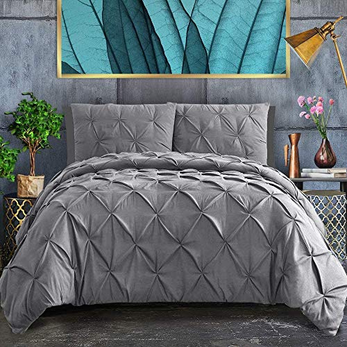 CoutureBridal Grau Dunkelgrau Bettwäsche 135x200cm 4Teilig Luxus Pintuck Plisseefalten Mikrofaser Wendebettwäsche Set Uni 2 Bettbezug mit Reißverschluss und 2 Kissenbezug 80x80cm