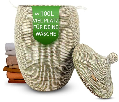 YAADU Wäschekorb mit Deckel 100L – Großer Wäschesammler mit Deckel, Geflochtene Wäschetonne, Boho Wäschekorb mit Henkeln, Wäschebehälter für Schmutzwäsche, Modell Djariou (Weiß)