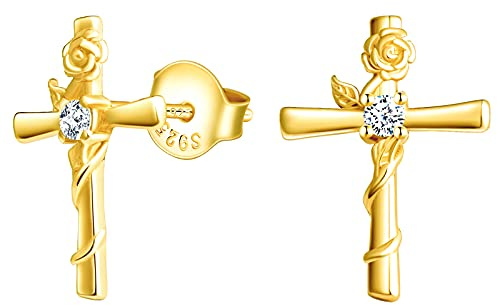 INFINIONLY Damer flickor hängen och örhängen, 925 silver smycken set, klassiskt kors halsband örhängen, ros kors hänge örhängen, damer smycken set, intarsia zirkon, guld, Sterlingsilver, Kubisk zirkonia