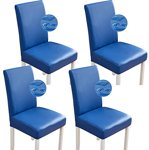 Bestenrose Stuhlhussen 6er/4er PU Leder Stuhlbezug wasserdichte Stretch Esszimmer Stuhlüberzug Stretch Stuhl Husse Universell Stuhlhussen Haus Büro Restaurant (4-Stück, Blau)