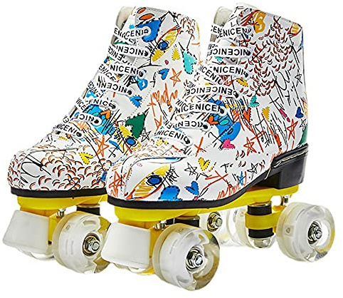 XVBVS Rollschuhe für Herren Damen, PU-Leder High-Top Rollschuhschuhe Zweireihige Roller Skates für Indoor Outdoor (39,White Graffiti)
