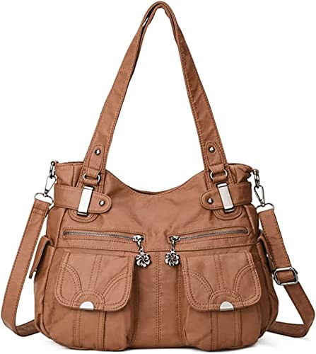 FANDARE Groß Schultertasche Damen Umhängetasche Frauen Vintage Schulranzen Wasserdicht PU Leder Women Purse für Shopper Reisen Arbeitstasche Messenger Hobo Bags Braun