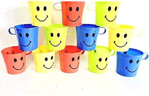 GREY LOOK Smiley FACE Mugs Colour Cups Kids Children~Garden Party BBQ Plastic Beaker Cups-Handled Camp/Travel Set with Handle Color Drinking - Reusable TUMBLERS for OR General USE at Home (4) 12 pc