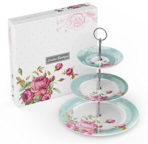 London Boutique 3 Tier Cake Stands Afternoon Tea Cake Stand Plates New Bone China Vintage Flora Gift for Her (Turquoise)