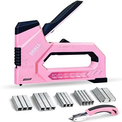 SHALL 6-in-1 Heftpistole Heavy Duty – Pink Polsterung Heftgerät Nagelpistole mit 4000 Zählern Heftklammern, Frauen Manual Brad Nagler mit Heftgerätentferner für Holz, Handwerk, Tischlerei, Möbel