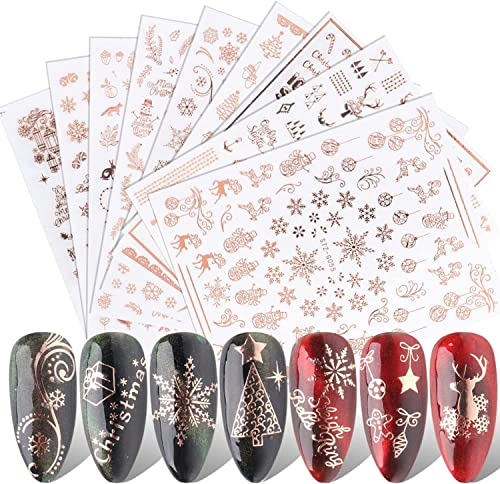 9 Blätter 3D Nagelsticker Weihnachten,Glühen Nail Art Sticker,Nagelaufkleber Weihnachten,Nagelsticker Winter,Nageldesign Weihnachten,Weihnachtsnägel zum Aufkleben(Roségold)